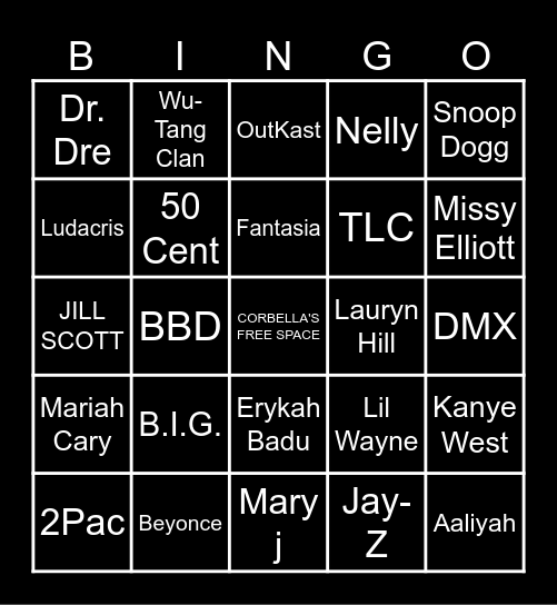 Corbella's 90s/2000s HIP HOP AND R&B Bingo Card