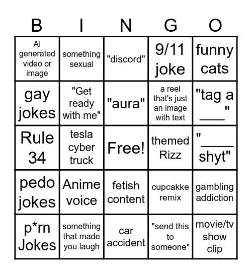 Instagram reels Bingo Card