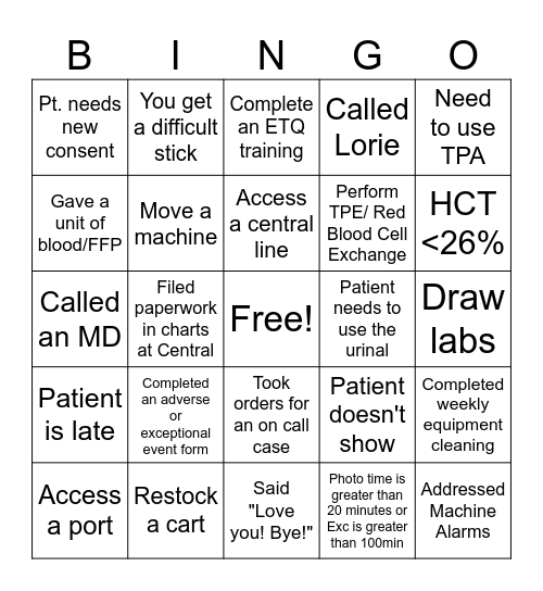 Apheresis Bingo Card