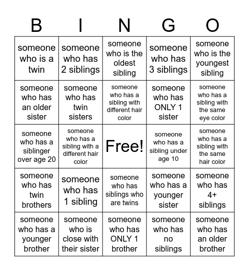 Classmate Bingo - Siblings Bingo Card
