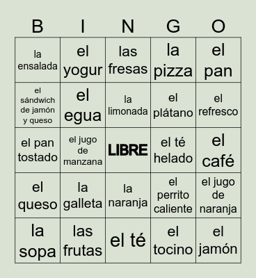 Comidas y bebidas Bingo Card