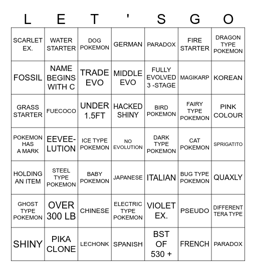 POKEMON Bingo Card