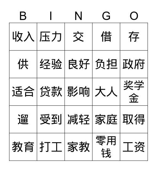 打工 Bingo Card