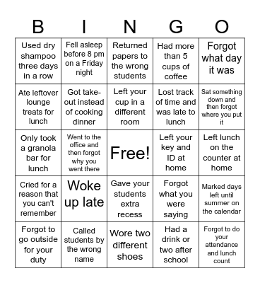 End of the School Year BINGO Card