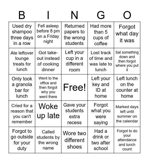 End of the School Year BINGO Card