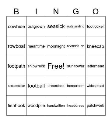 Compound Words Bingo Card