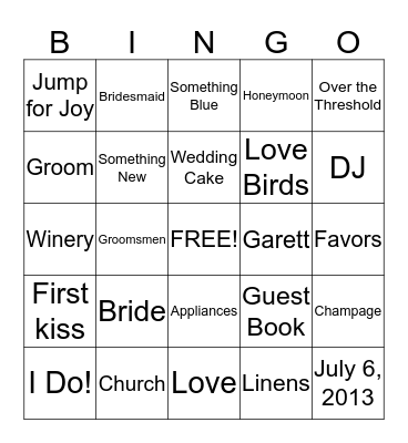 Briana's Bridal Bingo Card