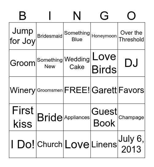 Briana's Bridal Bingo Card