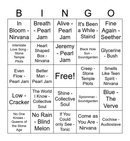 Grunge Bingo Card