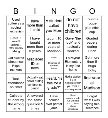 LaPoynor Elementary Teacher Appreciation Bingo Card