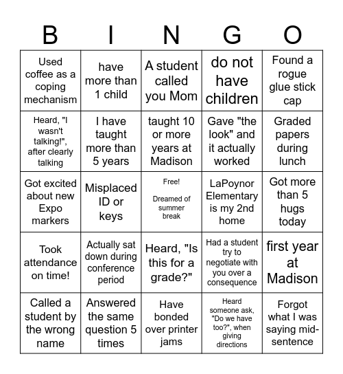 LaPoynor Elementary Teacher Appreciation Bingo Card