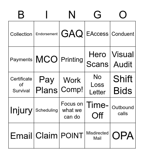 Work Comp Bingo Card