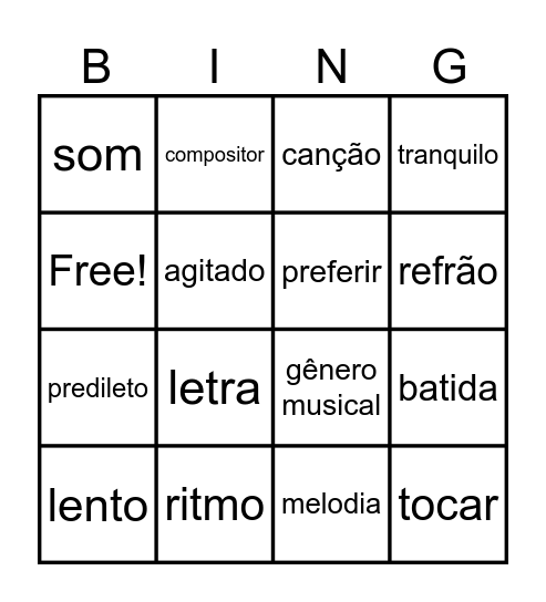 Palavras de Vocabulário: Músicas em Português Bingo Card