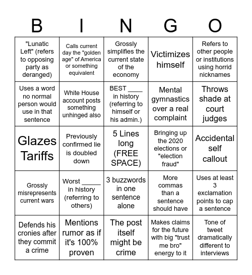 Trump truth post bingo Card