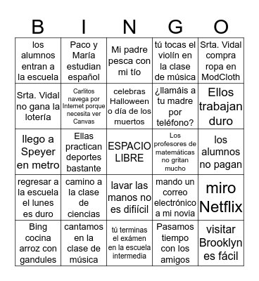 verbos regulares AR  Bingo Card