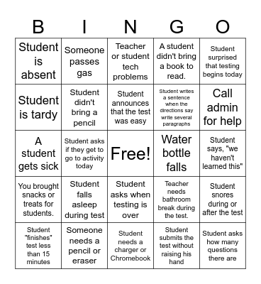 Teacher Testing Bingo Card