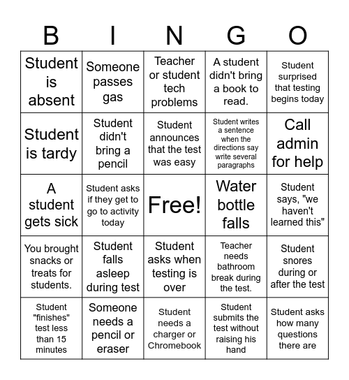 Teacher Testing Bingo Card