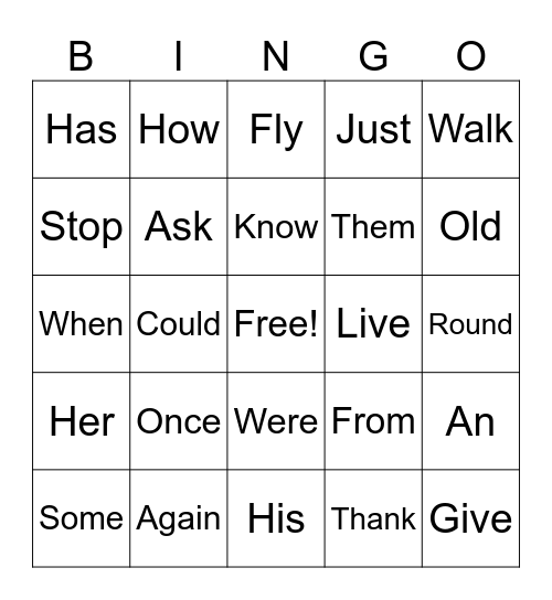 Sight Word Bingo Card