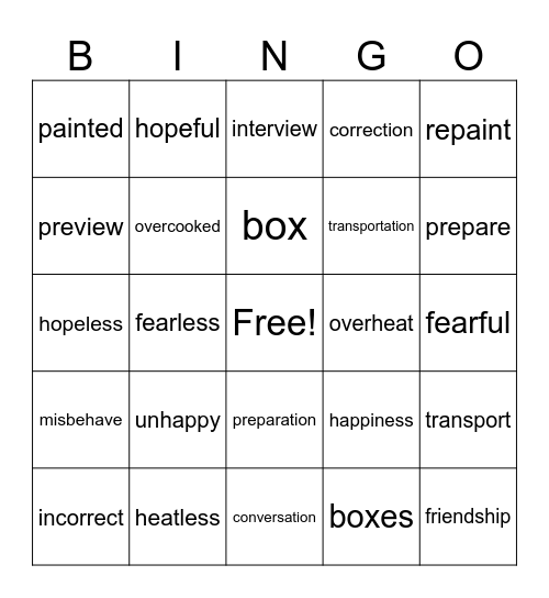 Prefixes & Suffixes Bingo Card