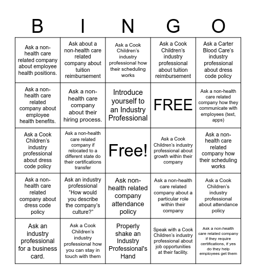 Hollenstein Industry and Career Expo Bingo Card