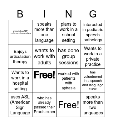 Student Networking Bingo Card