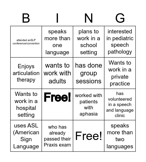 Student Networking Bingo Card