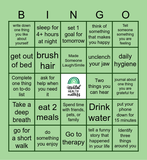 Self Care Awareness Bingo Card