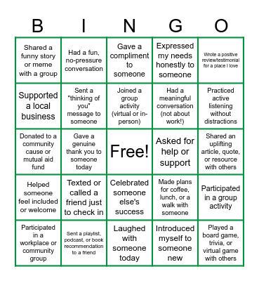 Social Wellness Bingo Card
