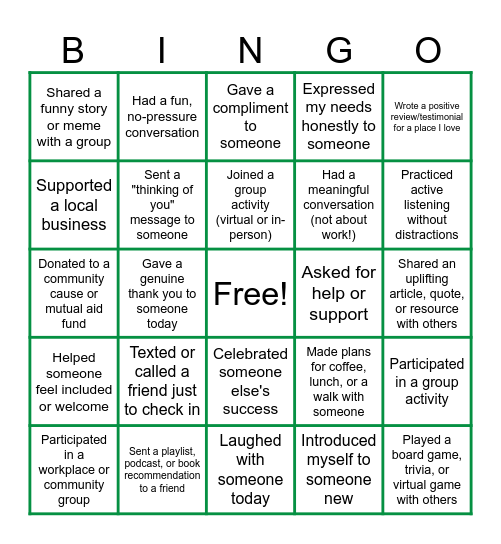 Social Wellness Bingo Card
