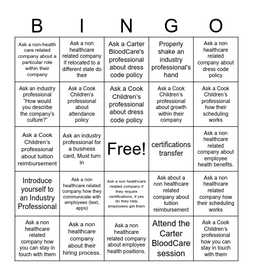 Hollenstein Industry and Career Expo Bingo Card