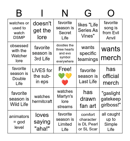 Life Series SMP Fan Bingo Card