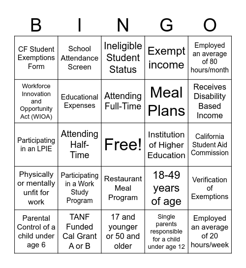 CalFresh Student Bingo Card