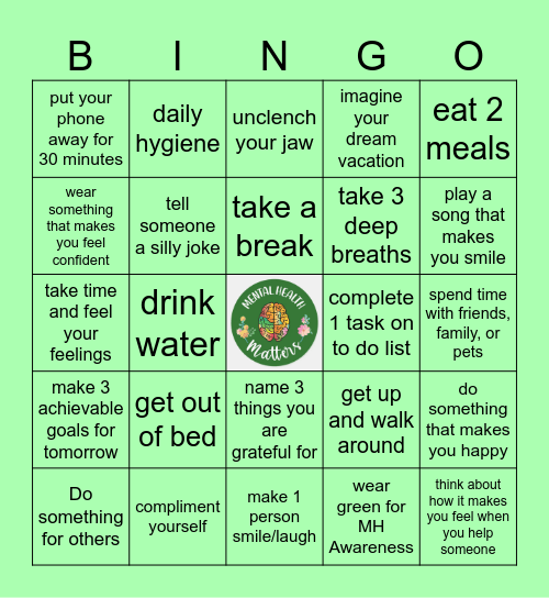 SRMHW Staff Mental Health Awareness Bingo Card