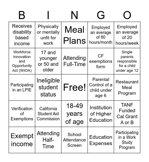 CalFresh Student Bingo Card