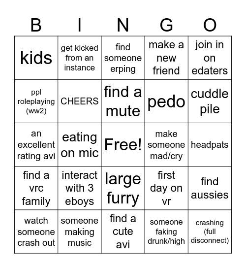 VRCHAT Bingo Card
