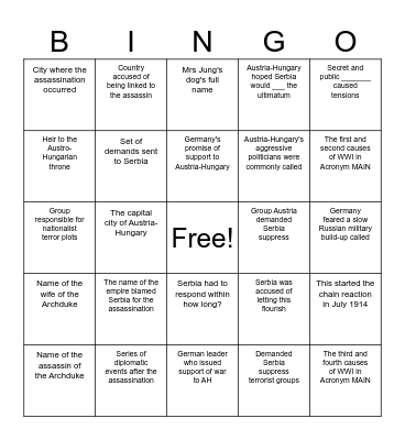 9HUM - The July Crisis Bingo Card