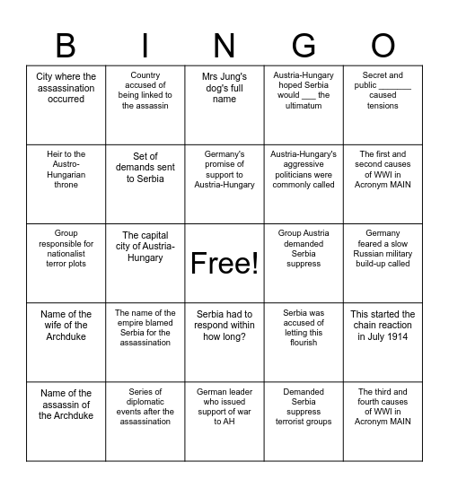 9HUM - The July Crisis Bingo Card