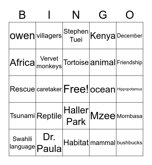 Owen and Mzee Bingo Card