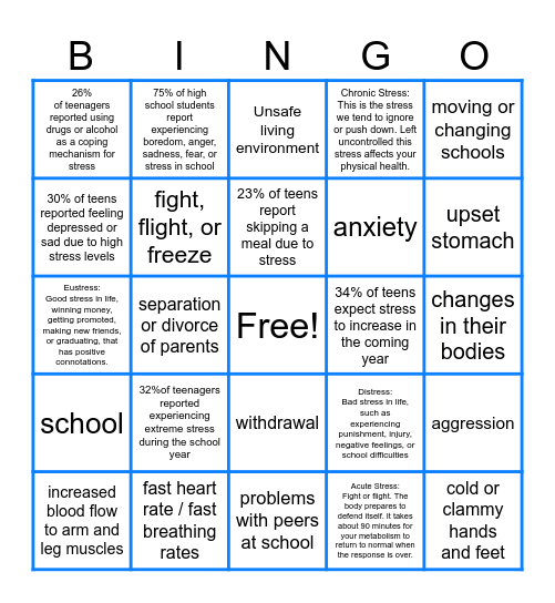Teen Stress Facts Bingo Card