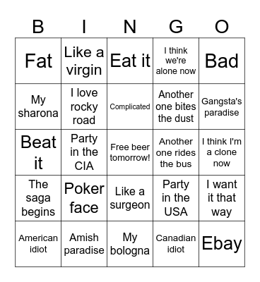 Weird Al Bingo Card