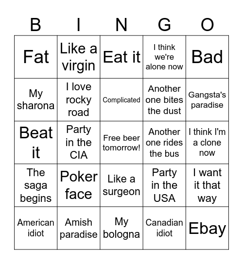 Weird Al Bingo Card
