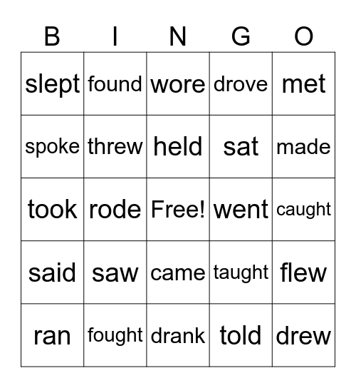 Irregular Past Tense Verbs Bingo Card