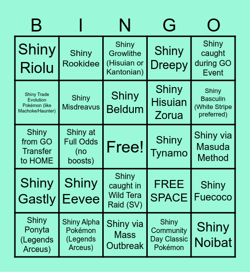 Shiny Pokemon Bingo Card