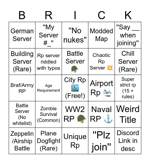 Brick Rigs Public Server Bingo Card