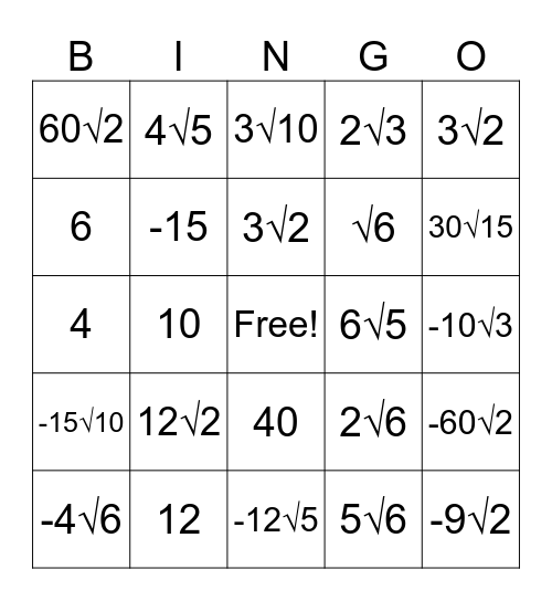 Simplifying Radicals Bingo Card