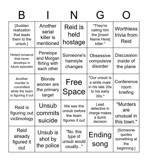 Criminal Minds Episode Bingo Card