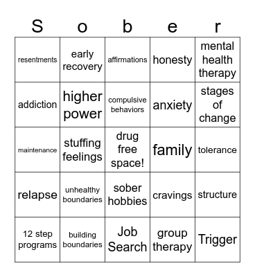 Recovery Bingo Card