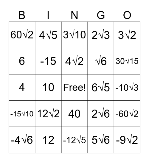 Simplifying Radicals Bingo Card