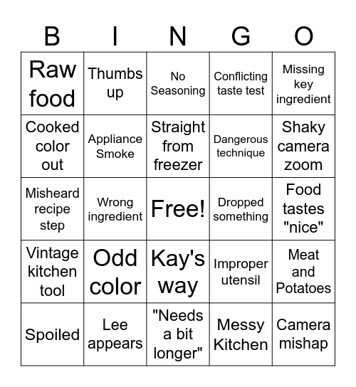 Kay's Cooking Bingo Card