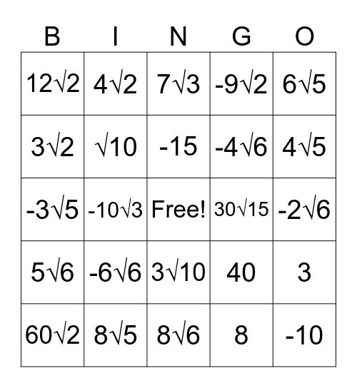 Simplifying Radicals Bingo Card